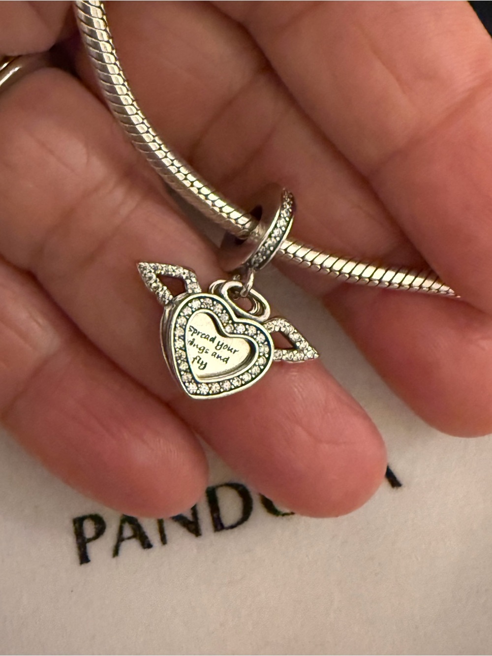 Pandora Silver Heart with Wings Dangle Charm - Clear CZ Accents